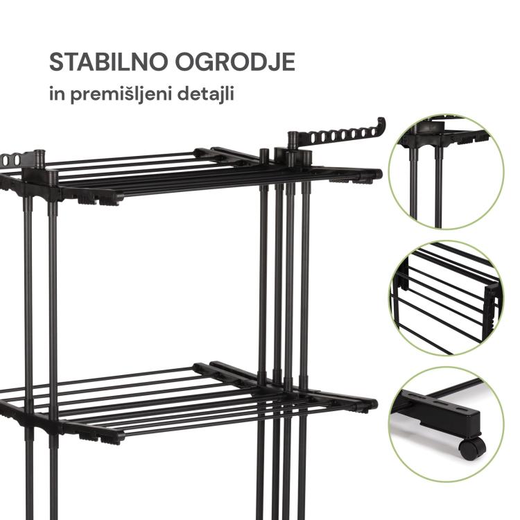 VertyDry Duo stojalo za sušenje perila – prikaz stabilnega ogrodja, polic in koles za enostavno premikanje.