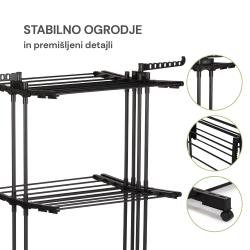 VertyDry Duo stojalo za sušenje perila – prikaz stabilnega ogrodja, polic in koles za enostavno premikanje.