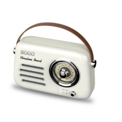 Prenosni radio Sogo s sprednjim pogledom na zvočnik in analogni prikazovalnik frekvenc