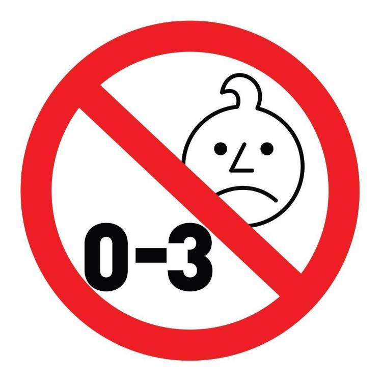 Opozorilni simbol prepovedi za otroke od 0 do 3 let zaradi majhnih delov.