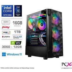 Gaming računalnik PCX Extron  Procesor: Intel Core i5 14400F Operacijski sistem: Windows 11 Home Pomnilnik: 16 GB kit (2x 8GB), 3600 MHz SSD pogon: 1 TB HDD pogon: Brez Grafična kartica: nVidia RTX 3060 Vrsta ohišja: Stolp (TWR) Tip/vrsta računalnika: Gaming Nabor vezja: ASUS B660M-K PRIME Napajalnik: 750W Antec Priključki spredaj: / Priključki zadaj: 3x DP, 1x HDMI Čitalec kartic: / Razširitve: / Razširitvena mesta: / Tipkovnica in miška: / Zvočniki: / Brezžične povezave: / Žične povezave: / Optična enota: / RAID: / Varnost: / Mere (Š x V x G): 21,5 x 44,8 x 37,9 cm Teža: 10 kg