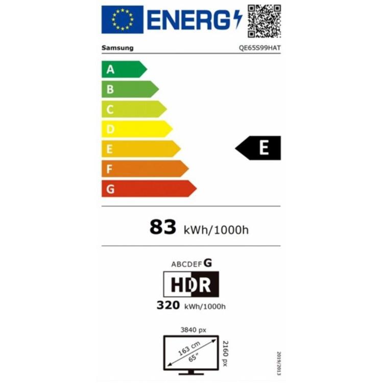 Samsung energijska nalepka na beli podlagi z barvno lestvico A-G, označen razred E, poraba 83 kWh/1000 h, HDR 320 kWh.