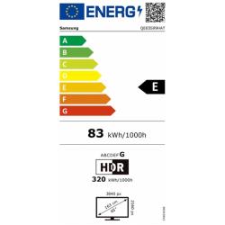 Samsung energijska nalepka na beli podlagi z barvno lestvico A-G, označen razred E, poraba 83 kWh/1000 h, HDR 320 kWh.