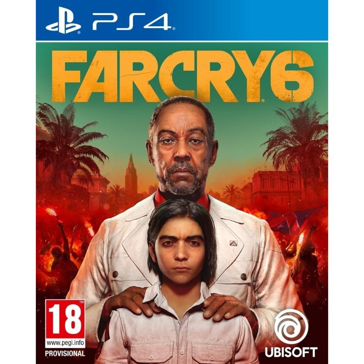 Copilot said: Far Cry 6 PS4: naslovnica igre z dvema osebama v ospredju, protesti in palmami v ozadju, logotip Ubisoft.