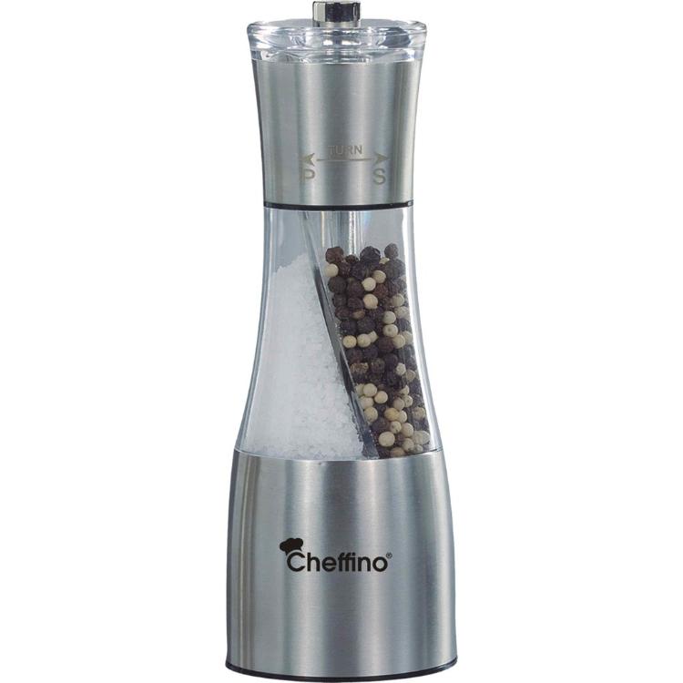 Cheffino mlinček za sol in poper Ardea iz nerjavečega jekla z akrilnim ohišjem.