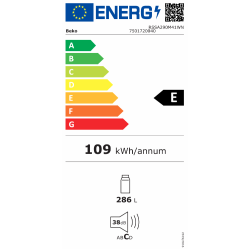 Energijska nalepka za hladilnik Beko RSSA290M41WN z energijskim razredom E, letno porabo 109 kWh, prostornino 286 L in glasnostjo 38 dB