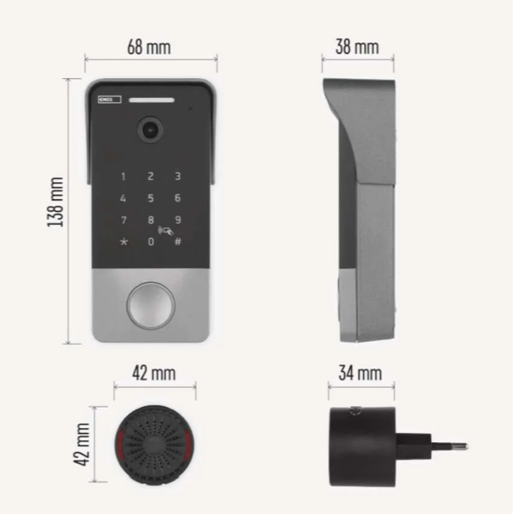 GoSmart video zvonec IP-21PoE z merami 138×68×38 mm; prikazane dimenzije zvonca in notranjega zvonca.