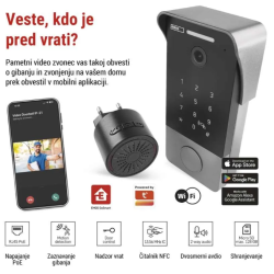 GoSmart video zvonec IP-21PoE z NFC tipkovnico, aplikacijo, notranjim zvoncem in prikazom funkcij.