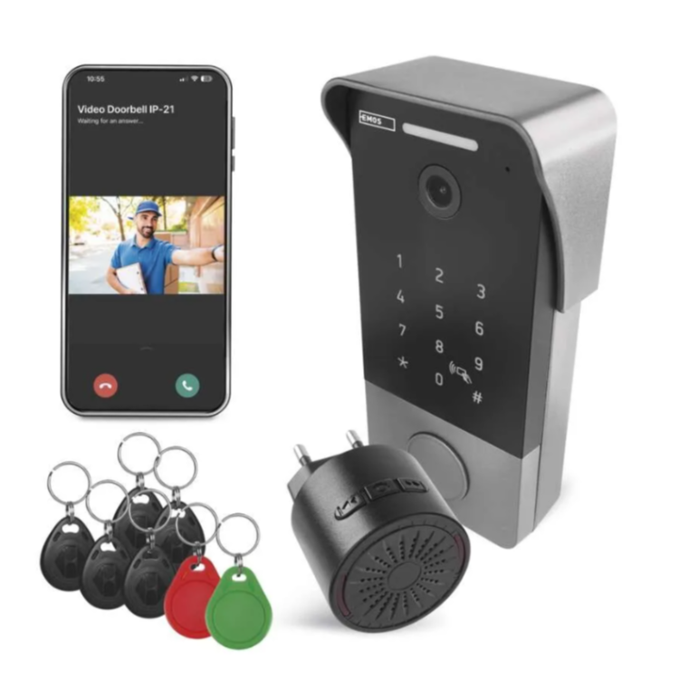 GoSmart video zvonec IP-21PoE z RFID obeski, notranjim zvoncem in prikazom video klica v mobilni aplikaciji.