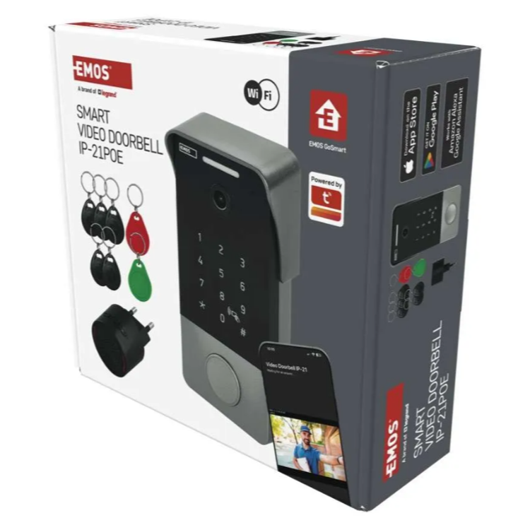 GoSmart video zvonec IP-21PoE v prodajni embalaži z notranjim zvoncem, RFID obeski in podporo EMOS GoSmart.