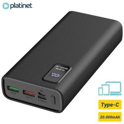 Črna baterija Platinet 20.000 mAh z digitalnim prikazom stanja, USB-A in USB-C priključki.