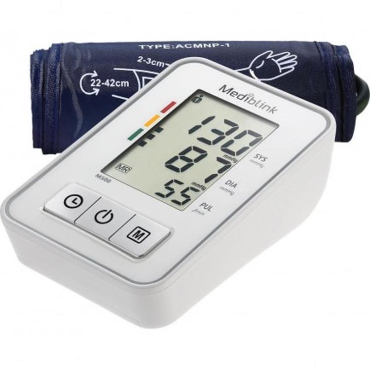 Mediblink M500 AFib: digitalni merilnik krvnega tlaka z LCD zaslonom, gumbi in manšeto za nadlaket.