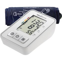 Mediblink M500 AFib: digitalni merilnik krvnega tlaka z LCD zaslonom, gumbi in manšeto za nadlaket.