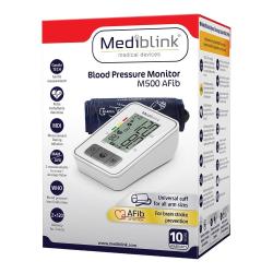 Mediblink M500 AFib: embalaža merilnika s prikazom naprave, funkcijo AFib in univerzalno manšeto.