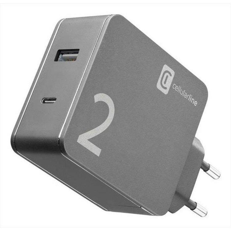 Stenski polnilnik Cellularline s sivim ohišjem, USB in USB-C priključek na vrhu