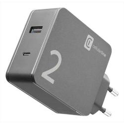 Stenski polnilnik Cellularline s sivim ohišjem, USB in USB-C priključek na vrhu