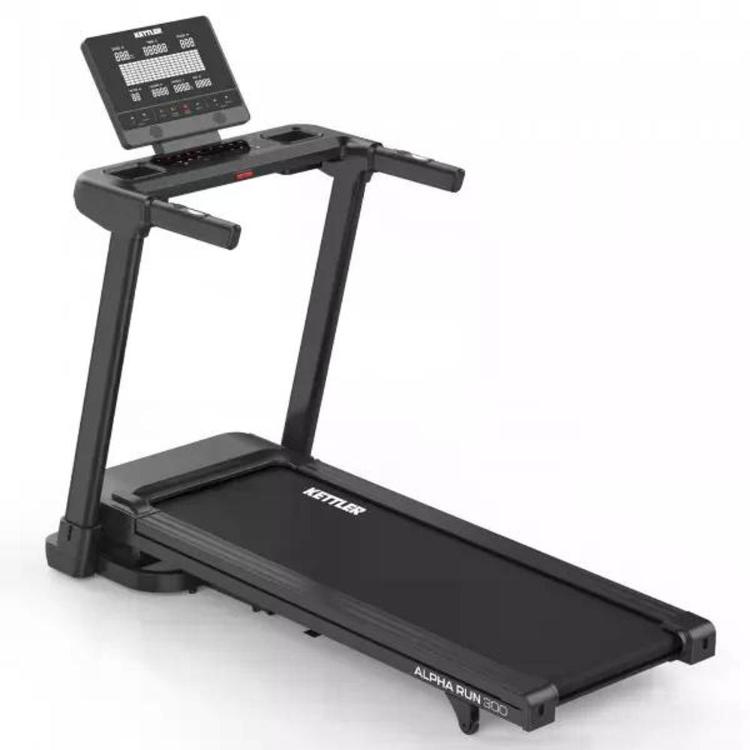 Tekalna steza Kettler ALPHA RUN 300 v črni barvi z digitalno konzolo, ergonomskimi ročaji in široko tekalno površino.