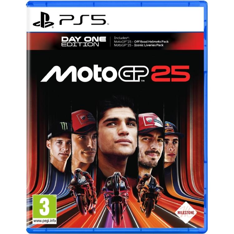 MotoGP 25 Day One Edition za PS5, uradna naslovnica z dirkači MotoGP, motocikli in bonus vsebino ob izidu.