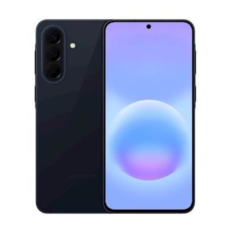 Sprednja in zadnja stran Samsung Galaxy v modri barvi, s trojno kamero in centrirano zaslonko.