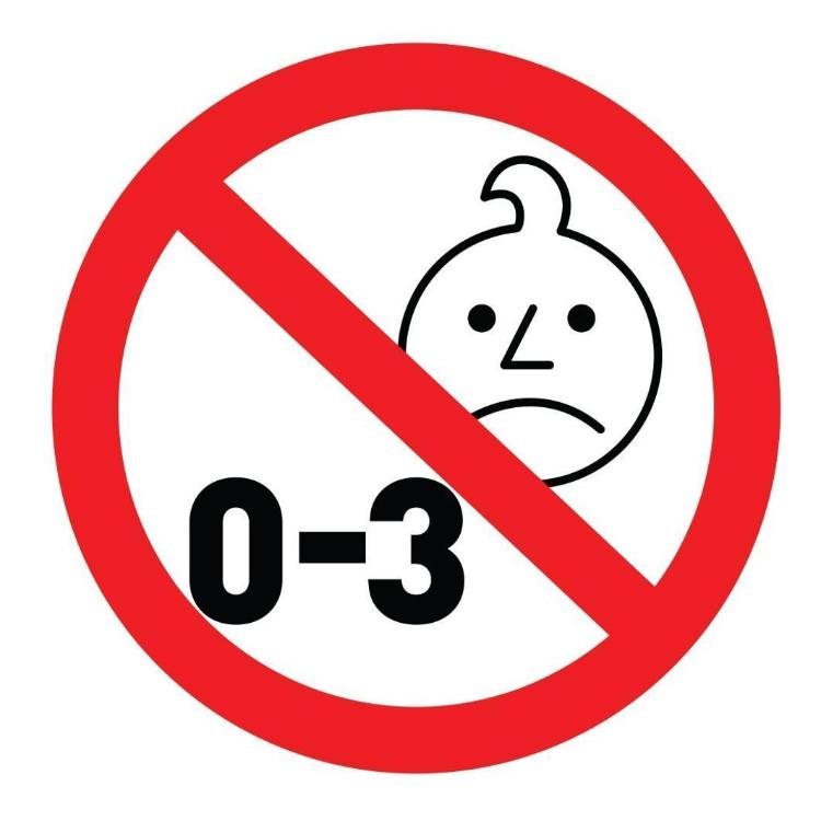 Opozorilni simbol prepovedi za otroke od 0 do 3 let zaradi majhnih delov.