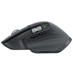 Stranski profil brezžične miške Logitech MX Master 3S z ergonomično obliko za desničarje, stranskim koleščkom in programabilnimi gumbi omogoča udobno uporabo ter hitro upravljanje dokumentov in aplikacij.