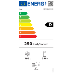 Energijska nalepka EU za hladilnik Haier HCR58S18DNMB z energijskim razredom D, letno porabo 250 kWh, prostornino 328 l hladilnika, 195 l zamrzovalnika in glasnostjo 35 dB.