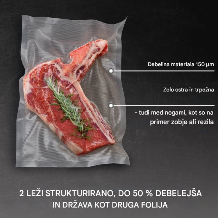 Strukturirana vakuumska folija CASO Design debeline 150 μm zagotavlja izjemno trdnost, zanesljivo tesnjenje ter zaščito živil pred izgubo arome in zamrzovalnimi poškodbami.