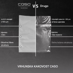 Primerjava vakuumskih folij CASO Design z običajnimi folijami prikazuje do 50 % debelejši material (150 μm), večjo trpežnost in kakovostnejšo strukturirano površino za učinkovitejše vakuumiranje.