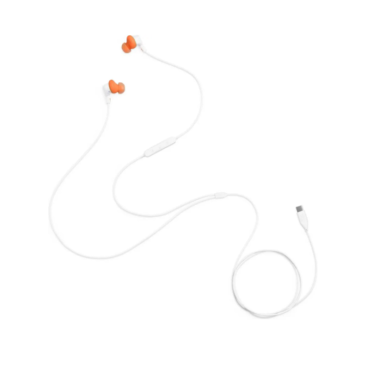 Žične ušesne slušalke z belim kablom in oranžnimi čepki, viden celoten kabel in USB-C priključek