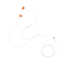 Žične ušesne slušalke z belim kablom in oranžnimi čepki, viden celoten kabel in USB-C priključek