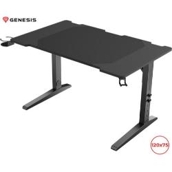 Gaming miza Genesis Homl Modular 120, črna, pogled pod kotom z držalom za pijačo, organizatorjem kablov in površino 120x75 cm.