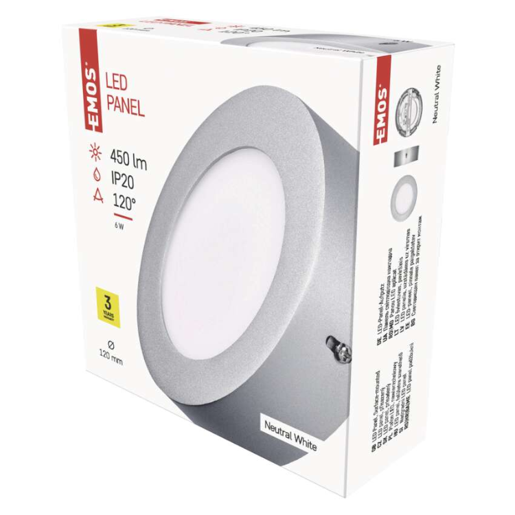 Nadometni LED panel Emos, okrogel, srebrn, 6W, nevtralno bela