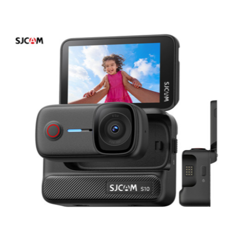 SJCAM S10 akcijska kamera – pogled od spredaj z odprtim vrtljivim zaslonom in širokokotnim objektivom.