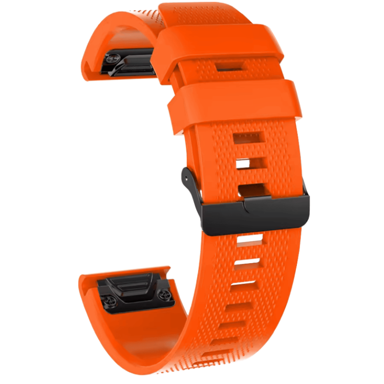 Oranžen silikonski pašček za Garmin (20mm) z nastavljivo dolžino, teksturirano površino in kovinsko zaponko zagotavlja udobno ter varno nošenje med športom in vsakodnevno uporabo.