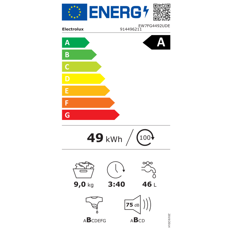 Energijska nalepka za pralni stroj Electrolux EW7FG4492UDE z energijskim razredom A, porabo 49 kWh na 100 ciklov, zmogljivostjo 9 kg, porabo 46 L vode na cikel, trajanjem programa 3 h 40 min in glasnostjo 75 dB pri ožemanju.