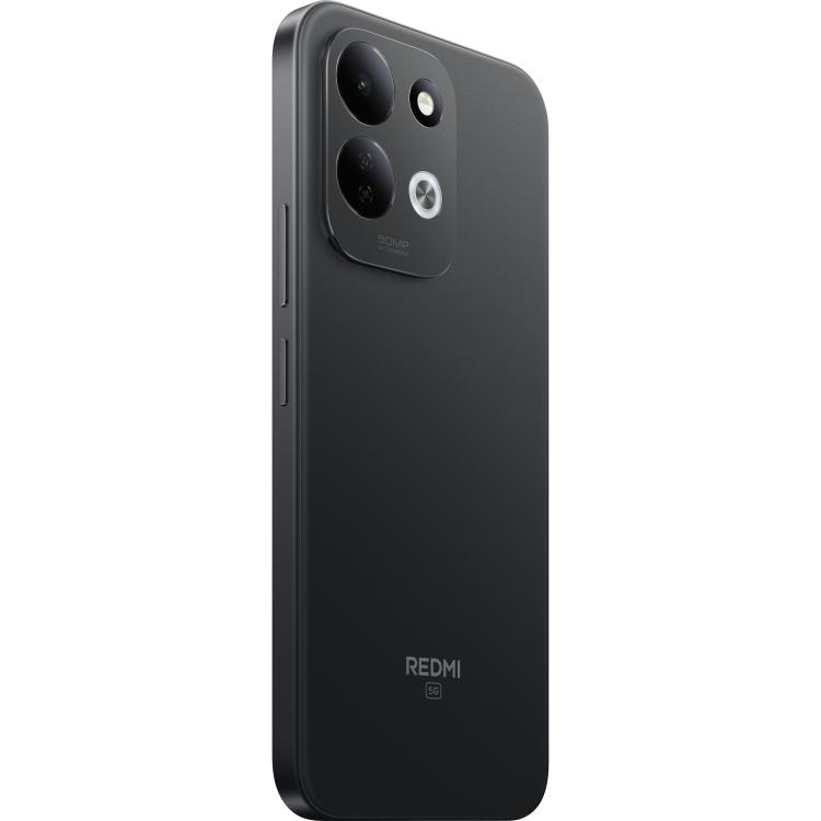 Črni pametni telefon Redmi 5G, prikazan iz zadnje stranske perspektive z izpostavljenim modulom dvojne kamere 50 MP AI.