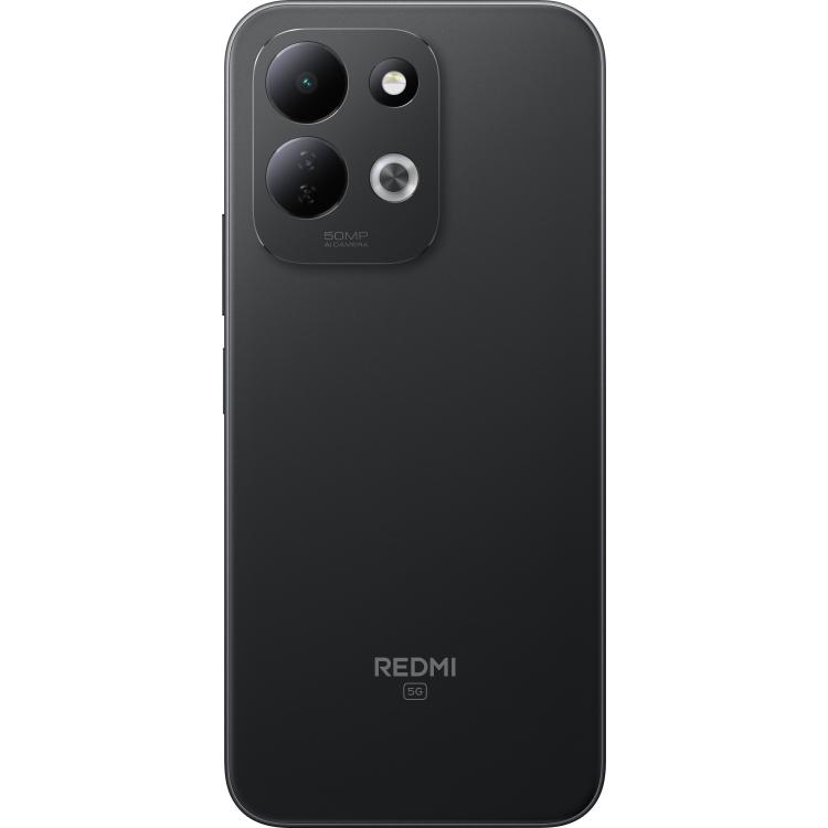Zadnja stran črnega pametnega telefona Redmi 5G z dvojno 50 MP AI kamero in ravnim ohišjem.