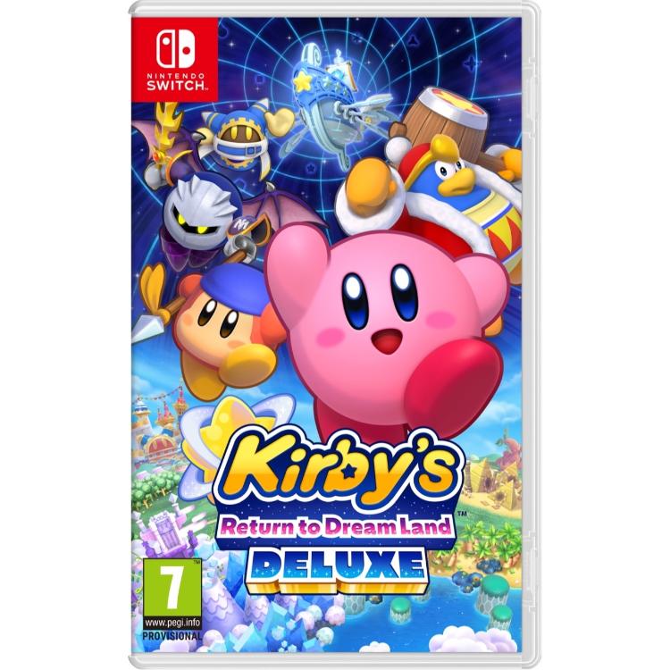 Igra Kirby’s Return to Dream Land Deluxe za Nintendo Switch v fizični embalaži, z likom Kirby in njegovimi prijatelji v barvitem pustolovskem svetu ter oznako PEGI 7.