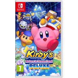 Igra Kirby’s Return to Dream Land Deluxe za Nintendo Switch v fizični embalaži, z likom Kirby in njegovimi prijatelji v barvitem pustolovskem svetu ter oznako PEGI 7.