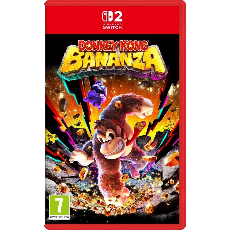 Donkey Kong Bananza za Nintendo Switch 2, uradna naslovnica z Donkey Kongom v akciji, letečimi skalami in eksplozivnim ozadjem.