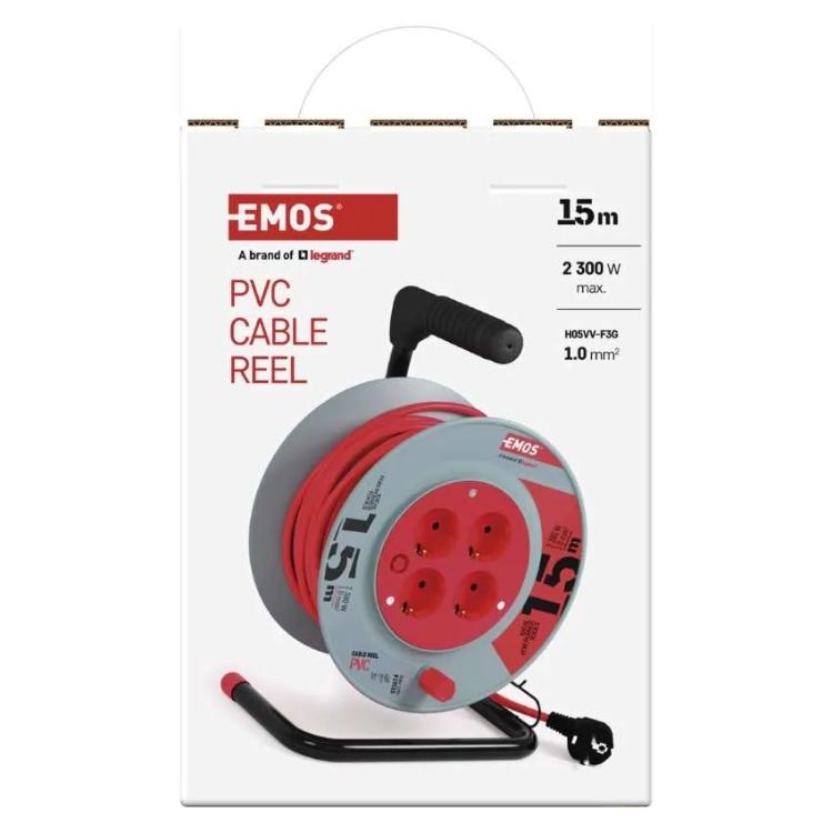 Kolutni podaljšek Emos 15 m / 4 vtičnice / črni / PVC / 230 V / 1 mm2