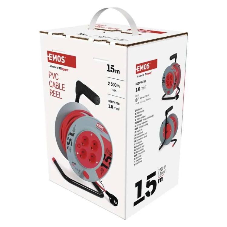 Kolutni podaljšek Emos 15 m / 4 vtičnice / črni / PVC / 230 V / 1 mm2