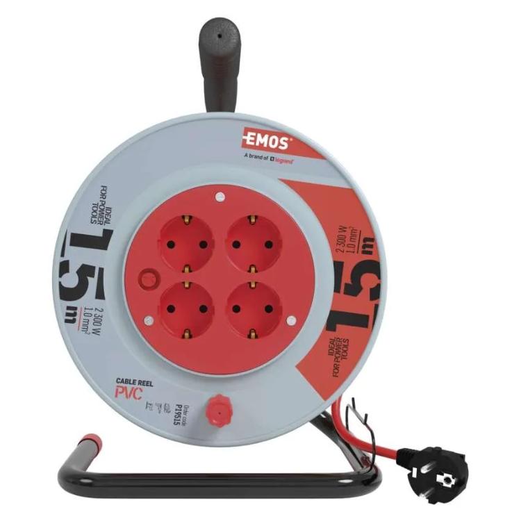 Kolutni podaljšek Emos 15 m / 4 vtičnice / črni / PVC / 230 V / 1 mm2