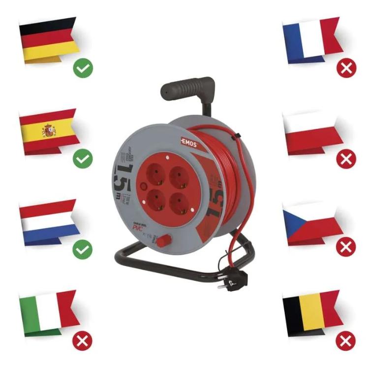 Kolutni podaljšek Emos 15 m / 4 vtičnice / črni / PVC / 230 V / 1 mm2