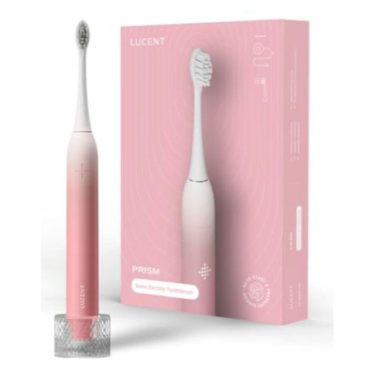 Lucent: Prism sonična zobna ščetka z embalažo v roza barvi, prikaz ščetke in škatle z napisom Sonic Electric Toothbrush