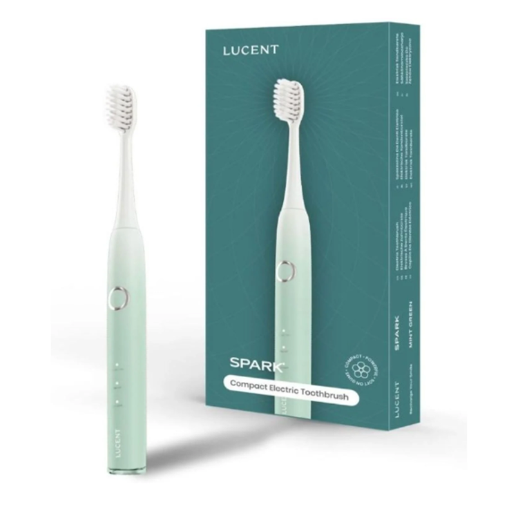 Lucent: Paket Spark Compact Electric Toothbrush, mint zelena ščetka in škatla z napisom Lucent in Spark