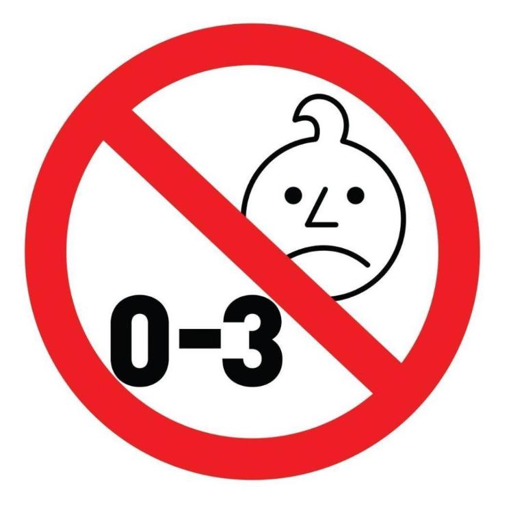 Opozorilni znak "0–3", ki označuje, da izdelek ni primeren za otroke, mlajše od 3 let.