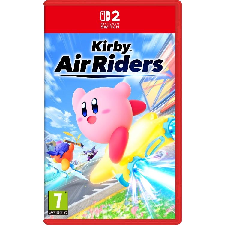 Igra Kirby Air Riders za Nintendo Switch 2 v fizični embalaži, z likom Kirby na lebdečem vozilu v hitri futuristični dirki in oznako PEGI 7.