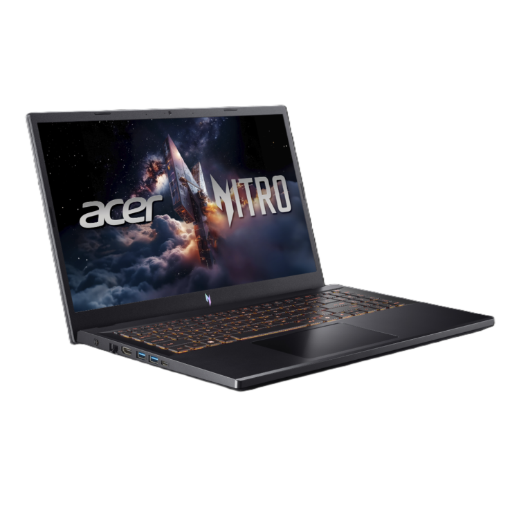 Prenosnik Acer Nitro odprt pod kotom, črno ohišje, oranžno osvetljena tipkovnica in zaslon z grafiko Nitro.