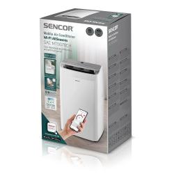 Embalaža Sencor prenosne klimatske naprave SAC MT9078CH z Wi‑Fi upravljanjem, aplikacijo Sencor HOME in prikazom izdelka